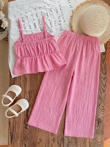 SHEIN Young Girl Young Girl Woven Solid Color Camisole Top And Long Pants 2 Pieces Set - Pink - View 14
