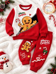 Boys' (Small) Sweatshirt Set, Red And White Top With Ribbed Collar And Cuffs, Front Print Of Zippered Frame Cartoon Gingerbread Man Holding Candy Cane With English Text, Red Jogger Pants With Christmas Hat Gingerbread Man, Candy Cane And Christmas English Print On Left And Right Legs, Ribbed Cuffs - Multicolor - View 2