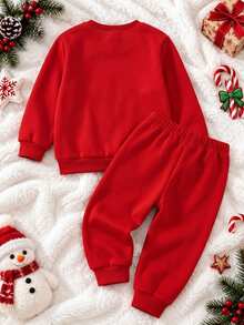 Boys' (Small) Sweatshirt Set, Red And White Top With Ribbed Collar And Cuffs, Front Print Of Zippered Frame Cartoon Gingerbread Man Holding Candy Cane With English Text, Red Jogger Pants With Christmas Hat Gingerbread Man, Candy Cane And Christmas English Print On Left And Right Legs, Ribbed Cuffs - Multicolor - View 3
