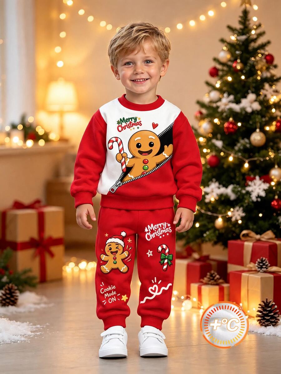 Boys' (Small) Sweatshirt Set, Red And White Top With Ribbed Collar And Cuffs, Front Print Of Zippered Frame Cartoon Gingerbread Man Holding Candy Cane With English Text, Red Jogger Pants With Christmas Hat Gingerbread Man, Candy Cane And Christmas English Print On Left And Right Legs, Ribbed Cuffs - Multicolor - View 1