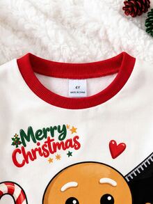 Boys' (Small) Sweatshirt Set, Red And White Top With Ribbed Collar And Cuffs, Front Print Of Zippered Frame Cartoon Gingerbread Man Holding Candy Cane With English Text, Red Jogger Pants With Christmas Hat Gingerbread Man, Candy Cane And Christmas English Print On Left And Right Legs, Ribbed Cuffs - Multicolor - View 4