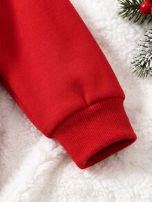 Boys' (Small) Sweatshirt Set, Red And White Top With Ribbed Collar And Cuffs, Front Print Of Zippered Frame Cartoon Gingerbread Man Holding Candy Cane With English Text, Red Jogger Pants With Christmas Hat Gingerbread Man, Candy Cane And Christmas English Print On Left And Right Legs, Ribbed Cuffs - Multicolor - View 6