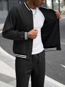 Manfinity CasualCool Men's Colorblock Baseball Collar Long Sleeve Jacket And Pants Casual Daily Set - Black - View 8