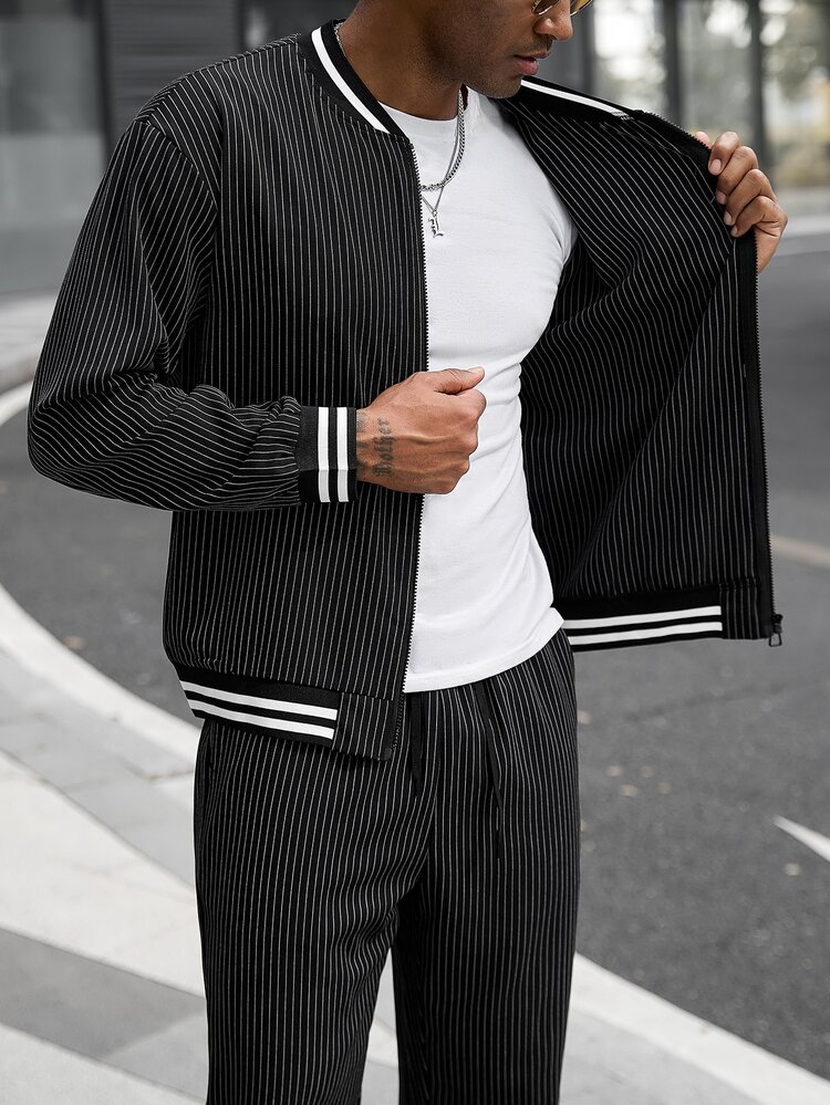 Manfinity CasualCool Men's Colorblock Baseball Collar Long Sleeve Jacket And Pants Casual Daily Set - Black - View 8