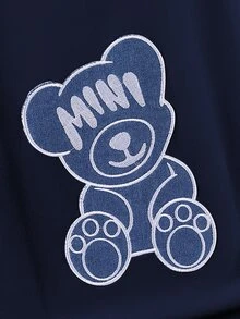 SHEIN Genkimix Kids 2件套男童休闲牛仔熊刺绣短袖圆领T恤和短裤套装，适合日常休闲、运动、上学、户外活动、夏季穿着 - 藏蓝色 - 查看 6
