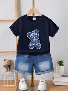 SHEIN Genkimix Kids 2件套男童休闲牛仔熊刺绣短袖圆领T恤和短裤套装，适合日常休闲、运动、上学、户外活动、夏季穿着 - 藏蓝色 - 查看 5