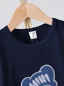 SHEIN Genkimix Kids 2件套男童休闲牛仔熊刺绣短袖圆领T恤和短裤套装，适合日常休闲、运动、上学、户外活动、夏季穿着 - 藏蓝色 - 查看 7