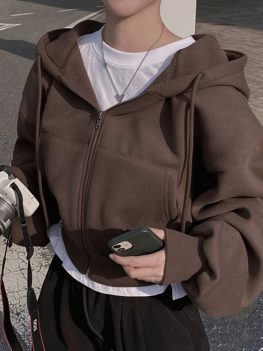 INAWLY Chaqueta con capucha, de bolsillo, holgada y casual para mujeres - Café integral - Ver 1