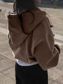 INAWLY Chaqueta con capucha, de bolsillo, holgada y casual para mujeres - Café integral - Ver 2