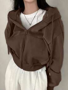 INAWLY Chaqueta con capucha, de bolsillo, holgada y casual para mujeres - Café integral - Ver 4