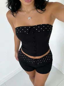 SHEIN ICON 2件套 女士翻领露脐上衣 & 波点腰带短裤 - 黑色 - 查看 6