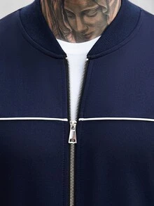 Manfinity Homme Men's Navy Blue Drop Shoulder Long Sleeve Zip-Up Jacket & Joggers Set,Baggy Autumn Gym Tracksuit,Casual Sweatsuits Outfit For Daily Leisure & Travel - Navy Blue - View 8