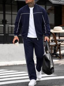 Manfinity Homme Men's Navy Blue Drop Shoulder Long Sleeve Zip-Up Jacket & Joggers Set,Baggy Autumn Gym Tracksuit,Casual Sweatsuits Outfit For Daily Leisure & Travel - Navy Blue - View 1