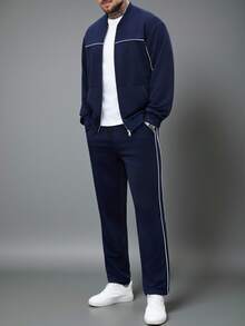 Manfinity Homme Men's Navy Blue Drop Shoulder Long Sleeve Zip-Up Jacket & Joggers Set,Baggy Autumn Gym Tracksuit,Casual Sweatsuits Outfit For Daily Leisure & Travel - Navy Blue - View 3