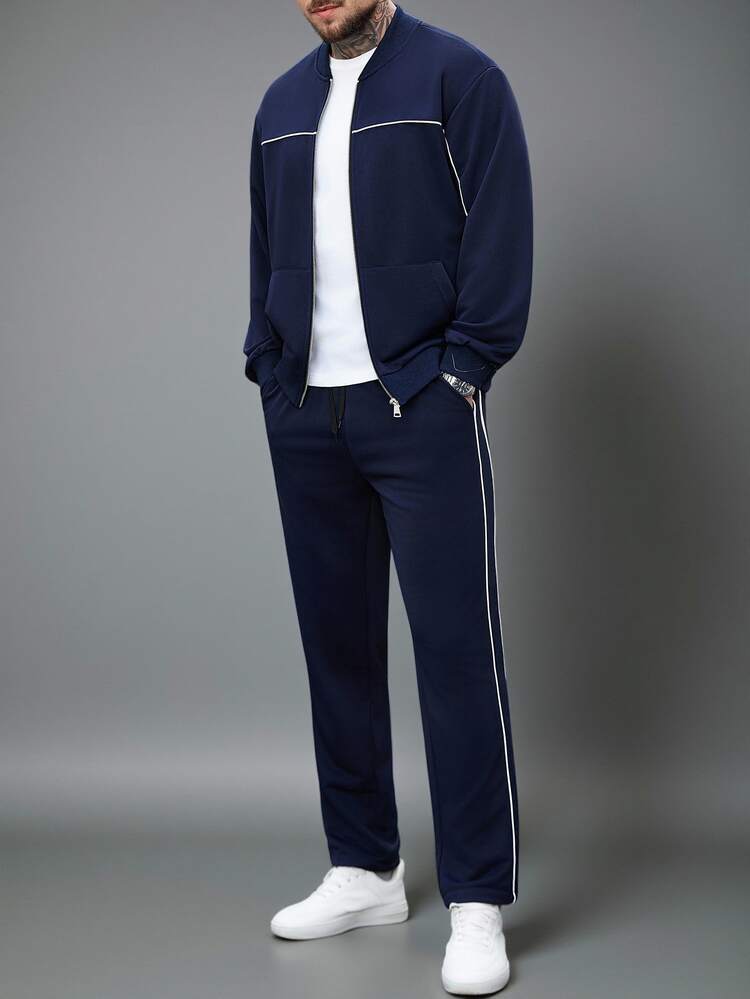 Manfinity Homme 男士落肩长袖拉链休闲夹克套装，男士运动服套装，男士运动套装，男士海军蓝套装，男士慢跑套装，适合复古风格、日常休闲、周末旅行、户外活动、探险旅行、轻松的工作环境或半正式场合，可作为男友/丈夫礼物、周年纪念/生日礼物，也适合派对、夏季、新年、婚礼、情人节等场合。 - 藏蓝色 - 查看 3