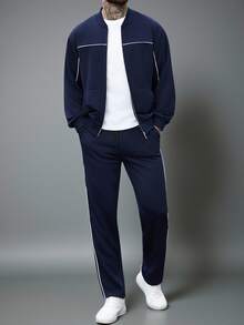 Manfinity Homme Men's Navy Blue Drop Shoulder Long Sleeve Zip-Up Jacket & Joggers Set,Baggy Autumn Gym Tracksuit,Casual Sweatsuits Outfit For Daily Leisure & Travel - Navy Blue - View 4