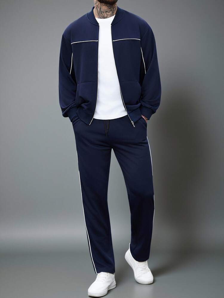 Manfinity Homme 男士落肩长袖拉链休闲夹克套装，男士运动服套装，男士运动套装，男士海军蓝套装，男士慢跑套装，适合复古风格、日常休闲、周末旅行、户外活动、探险旅行、轻松的工作环境或半正式场合，可作为男友/丈夫礼物、周年纪念/生日礼物，也适合派对、夏季、新年、婚礼、情人节等场合。 - 藏蓝色 - 查看 4