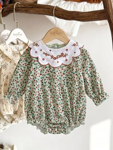 SHEIN 1件女嬰連身衣，長袖花卉印花連身衣搭配波浪領與刺繡裝飾，底部按扣設計，適合日常穿著與拍照，春季與秋季 - 綠色 - 查看 3
