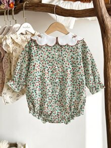 SHEIN 1件女嬰連身衣，長袖花卉印花連身衣搭配波浪領與刺繡裝飾，底部按扣設計，適合日常穿著與拍照，春季與秋季 - 綠色 - 查看 2