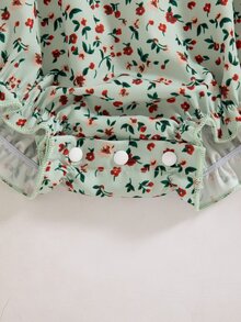 SHEIN 1件女嬰連身衣，長袖花卉印花連身衣搭配波浪領與刺繡裝飾，底部按扣設計，適合日常穿著與拍照，春季與秋季 - 綠色 - 查看 7