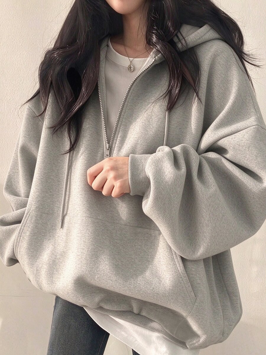INAWLY Women Casual Grey Oversized Sweatshirt, Autumn Half Zipper Drop Shoulder Long Sleeve Sweatshirt, Back-To-School Outfits, Teacher Pullover Lounge - Light Grey - View 1