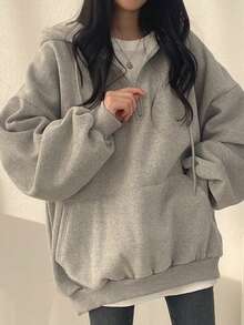 INAWLY Women Casual Grey Oversized Sweatshirt, Autumn Half Zipper Drop Shoulder Long Sleeve Sweatshirt, Back-To-School Outfits, Teacher Pullover Lounge - Light Grey - View 4