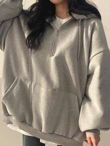 INAWLY Women Casual Grey Oversized Sweatshirt, Autumn Half Zipper Drop Shoulder Long Sleeve Sweatshirt, Back-To-School Outfits, Teacher Pullover Lounge - Light Grey - View 6