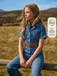 Joliand 女童深藍色牛仔襯衫風短袖連身褲 Y2K 秋冬休閒返校萬聖節新年款 - 藍色 - 查看 1