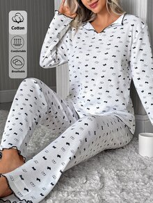 SHEIN Pyjamasset för kvinnor i ribbstickat med kontrastfärgat bandtryck, lång ärm, bekväma sovkläder - Vitt - Visa 7