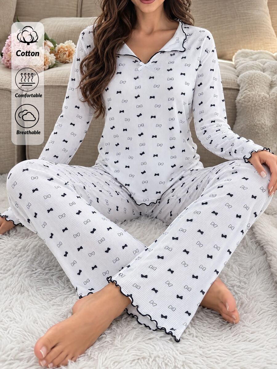 SHEIN Pyjamasset för kvinnor i ribbstickat med kontrastfärgat bandtryck, lång ärm, bekväma sovkläder - Vitt - Visa 1