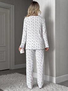 SHEIN Pyjamasset för kvinnor i ribbstickat med kontrastfärgat bandtryck, lång ärm, bekväma sovkläder - Vitt - Visa 2