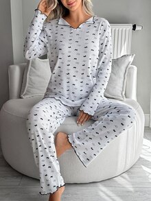 SHEIN Pyjamasset för kvinnor i ribbstickat med kontrastfärgat bandtryck, lång ärm, bekväma sovkläder - Vitt - Visa 10