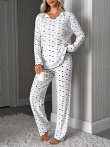 SHEIN Pyjamasset för kvinnor i ribbstickat med kontrastfärgat bandtryck, lång ärm, bekväma sovkläder - Vitt - Visa 9