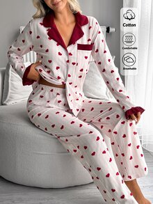 SHEIN Women's Heart Print Striped Contrast Collar Button Front Long Sleeve Top And Straight Leg Pants 2-Pi - Red and White - View 5