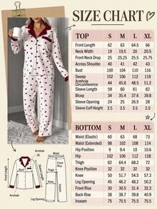 SHEIN Women's Heart Print Striped Contrast Collar Button Front Long Sleeve Top And Straight Leg Pants 2-Pi - Red and White - View 3