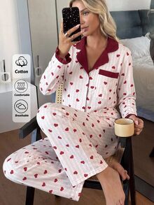 SHEIN Women's Heart Print Striped Contrast Collar Button Front Long Sleeve Top And Straight Leg Pants 2-Pi - Red and White - View 1