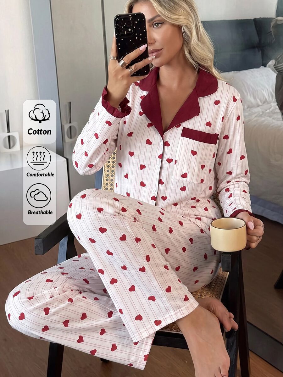 SHEIN Women's Heart Print Striped Contrast Collar Button Front Long Sleeve Top And Straight Leg Pants 2-Pi - Red and White - View 1