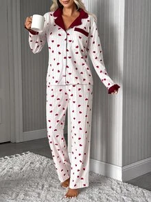 SHEIN Women's Heart Print Striped Contrast Collar Button Front Long Sleeve Top And Straight Leg Pants 2-Pi - Red and White - View 8