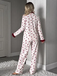 SHEIN Women's Heart Print Striped Contrast Collar Button Front Long Sleeve Top And Straight Leg Pants 2-Pi - Red and White - View 2