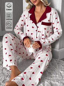 SHEIN Women's Heart Print Striped Contrast Collar Button Front Long Sleeve Top And Straight Leg Pants 2-Pi - Red and White - View 7