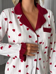 SHEIN Women's Heart Print Striped Contrast Collar Button Front Long Sleeve Top And Straight Leg Pants 2-Pi - Red and White - View 4