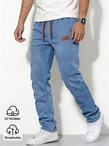 SHEIN Casual Streetwear Elastic Waist Adjustable Drawstring Solid Color Slim Fit Stretch Skinny Jeans Tween Boys' Students Campus Autumn Fall Light Blue - Medium Wash - View 9