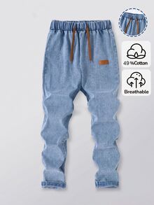 SHEIN Casual Streetwear Elastic Waist Adjustable Drawstring Solid Color Slim Fit Stretch Skinny Jeans Tween Boys' Students Campus Autumn Fall Light Blue - Medium Wash - View 2
