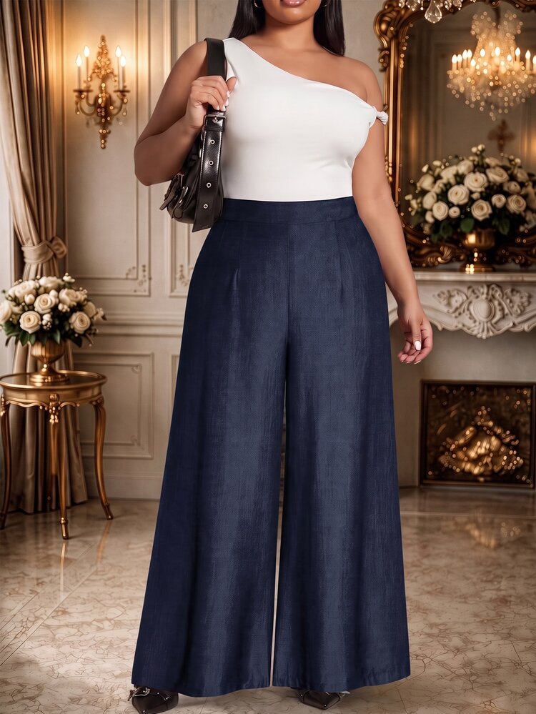 Rometta Plus Size Loose Straight Wide Leg Pants Fall - Navy Blue - View 1