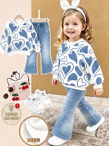 Baby Girl Heart Print Long Sleeve Sweatshirt And Flared Pants Casual Set Autumn Winter - Multicolor - View 2