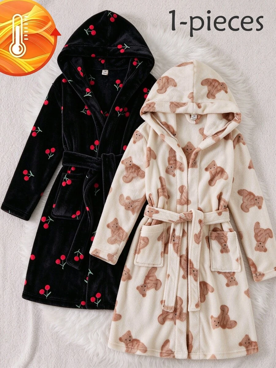 SHEIN 少女睡衣,秋冬新款粉色底紅櫻桃印花長袖連帽睡袍,保暖舒適日常休閒家居服,Ins熱門櫻桃甜美風,適合姐妹穿搭 - 黑色 - 查看 1