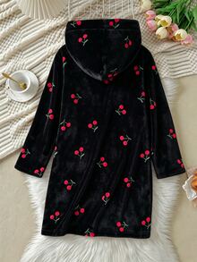 SHEIN 少女睡衣，秋冬新款粉色底紅櫻桃印花長袖連帽睡袍，保暖舒適日常休閒家居服，Ins熱門櫻桃甜美風，適合姐妹穿搭 - 黑色 - 查看 2