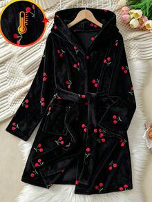 SHEIN 少女睡衣，秋冬新款粉色底紅櫻桃印花長袖連帽睡袍，保暖舒適日常休閒家居服，Ins熱門櫻桃甜美風，適合姐妹穿搭 - 黑色 - 查看 7