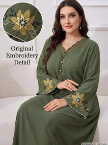 Al Najma Plus Size Women's Patchwork Floral Embroidered Cuff Curved Hem V-Neck Elegant Modest Ninang Arabian Dress Wedding Christening Night Olive Green Fall - Olive Green - View 1