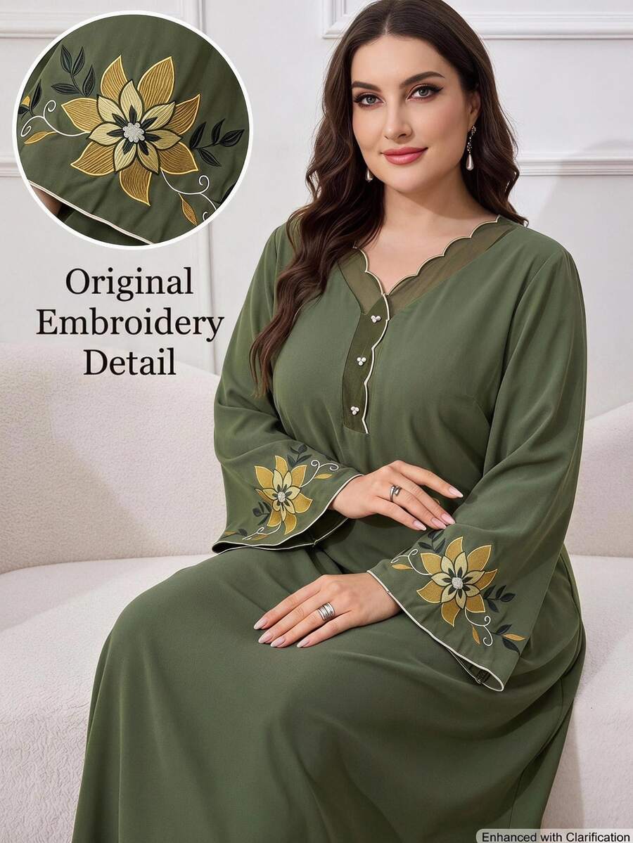 Al Najma Plus Size Women's Patchwork Floral Embroidered Cuff Curved Hem V-Neck Elegant Modest Ninang Arabian Dress Wedding Christening Night Olive Green Fall - Olive Green - View 1